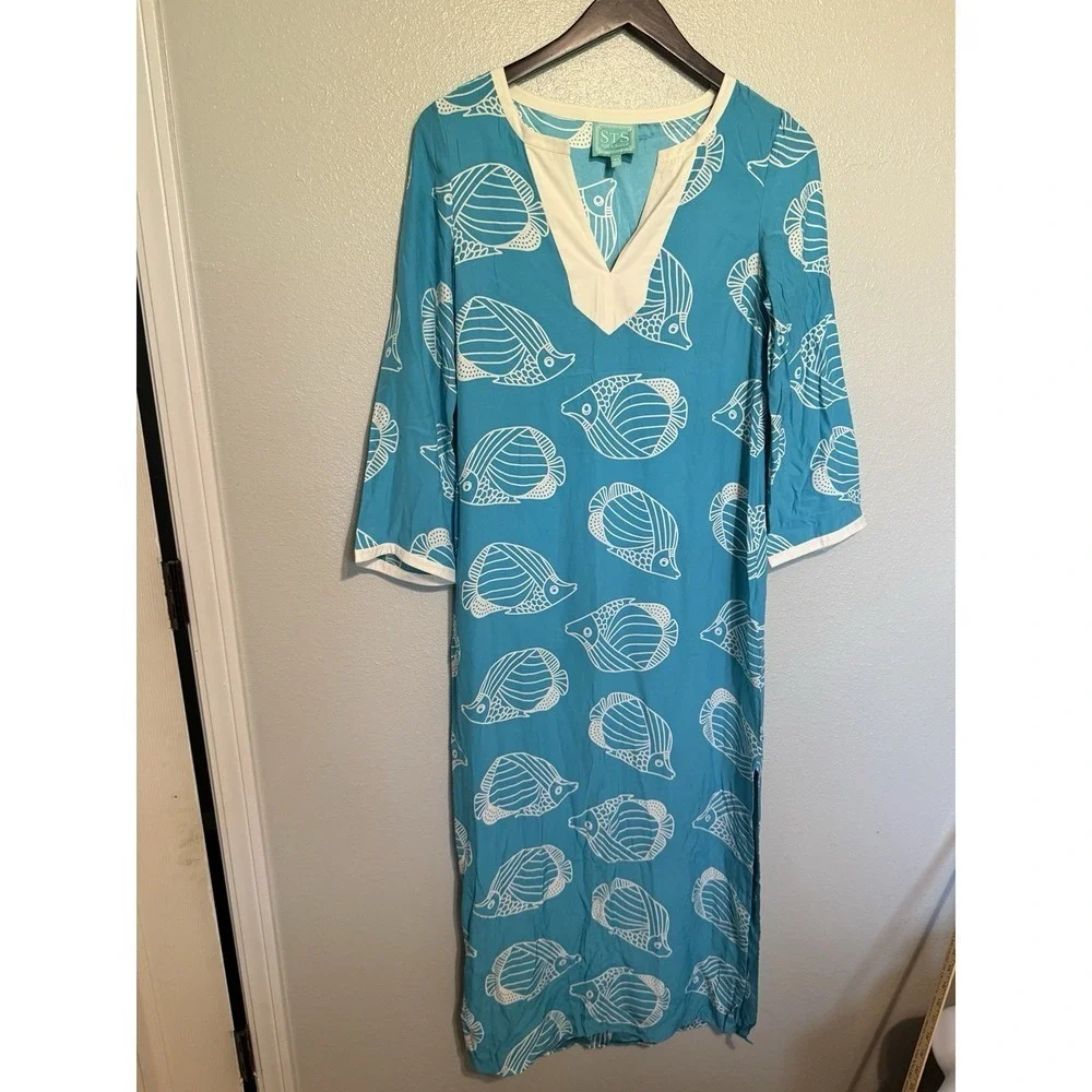 Sail To‎ Sable STS Maxi Dress Women's Size XS 100% Silk Blue Fish Tropical
